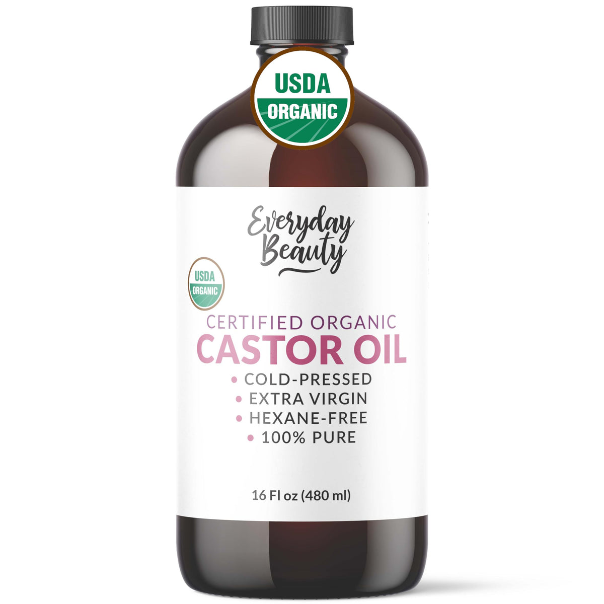 Everyday Beauty Organic Castor Oil 16oz bottle for nourishing skin and hair.