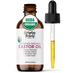 Everyday Beauty organic castor oil bottle, pure and hexane-free for hair and skin.
