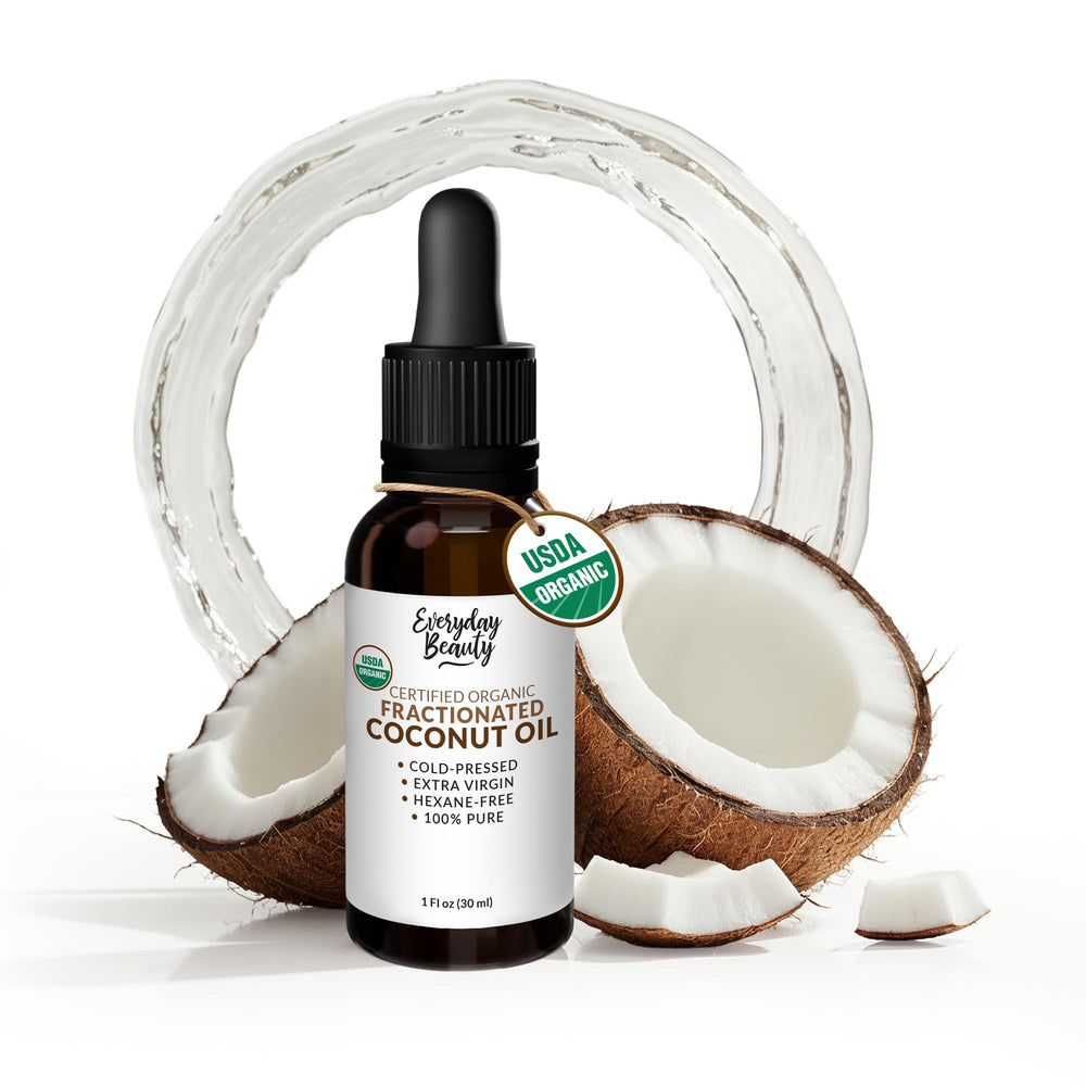 Everyday Beauty organic fractionated coconut oil in amber bottle for facial hydration.