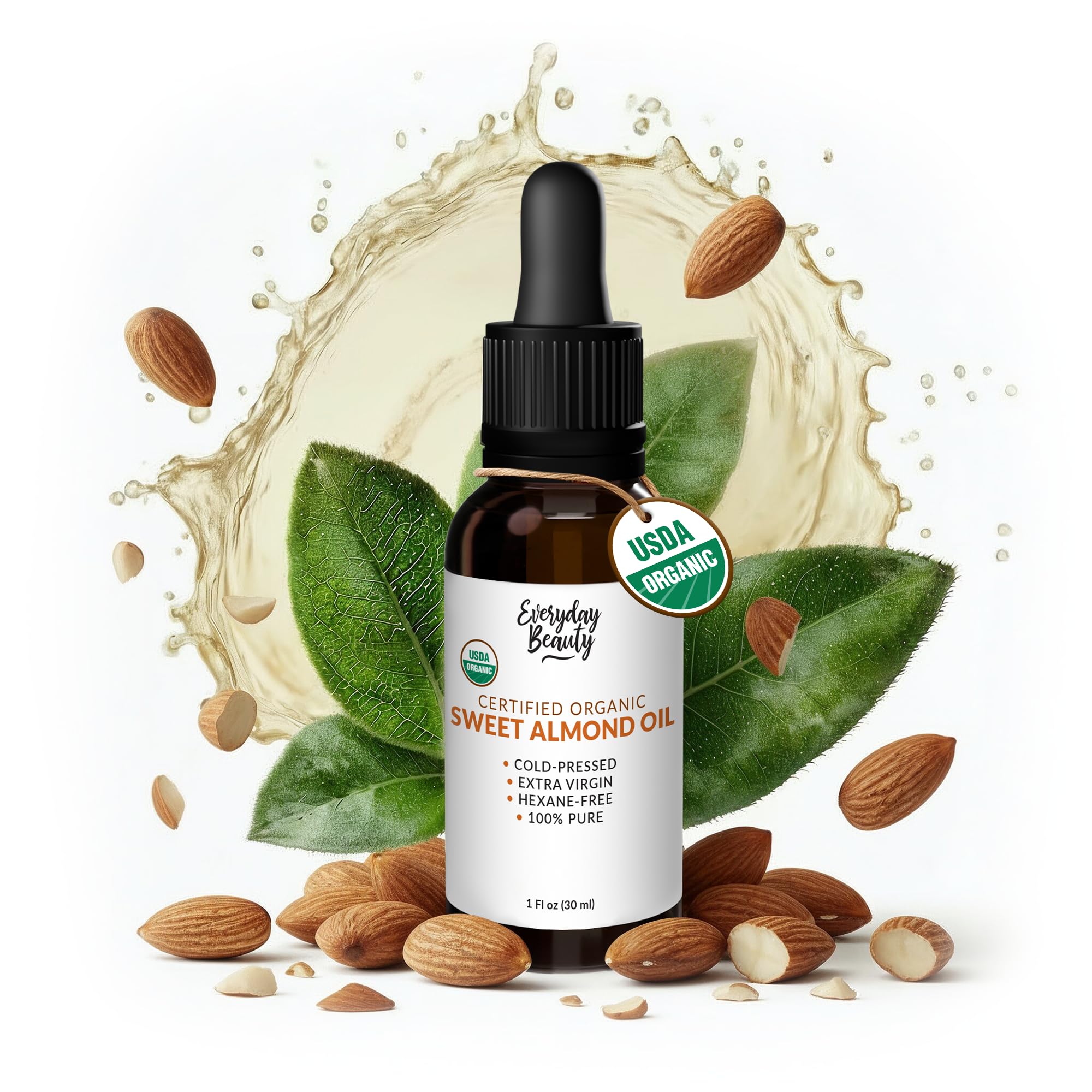 Everyday Beauty Organic Sweet Almond Oil bottle pour shows lightweight hydration for skin.