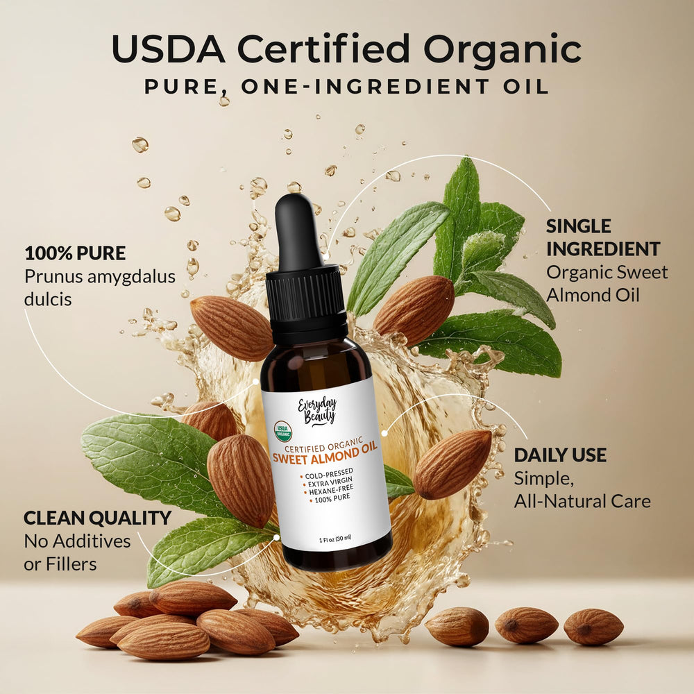 Everyday Beauty Organic Sweet Almond Oil dropper close-up for precise, mess-free application.