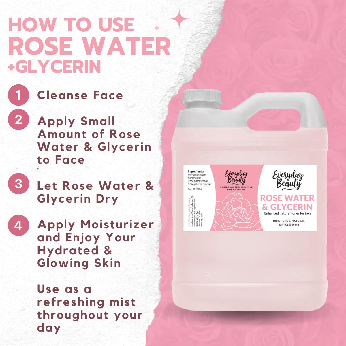 Everyday Beauty Rose Water Toner face-application scene highlights gentle cleansing and balanced skin.