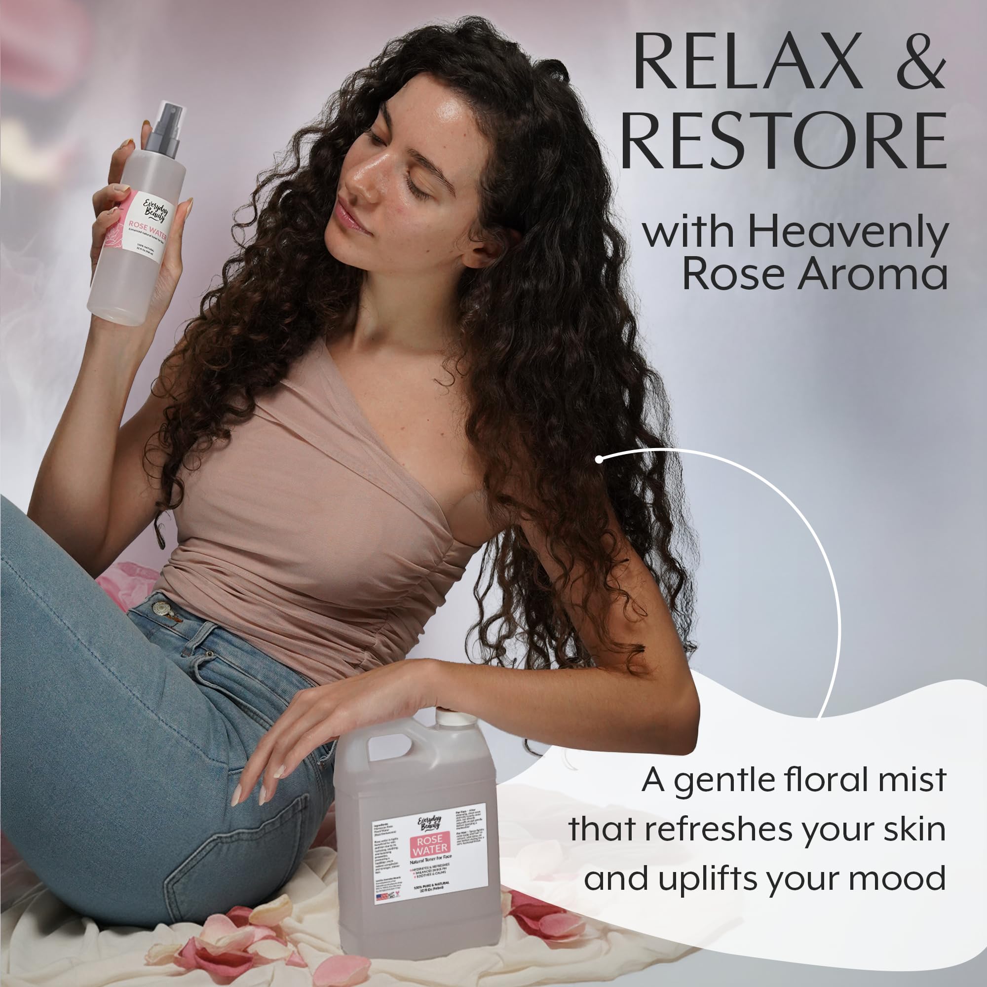 Everyday Beauty Rose Water Toner hair-use shows a light refreshing mist for hair care.