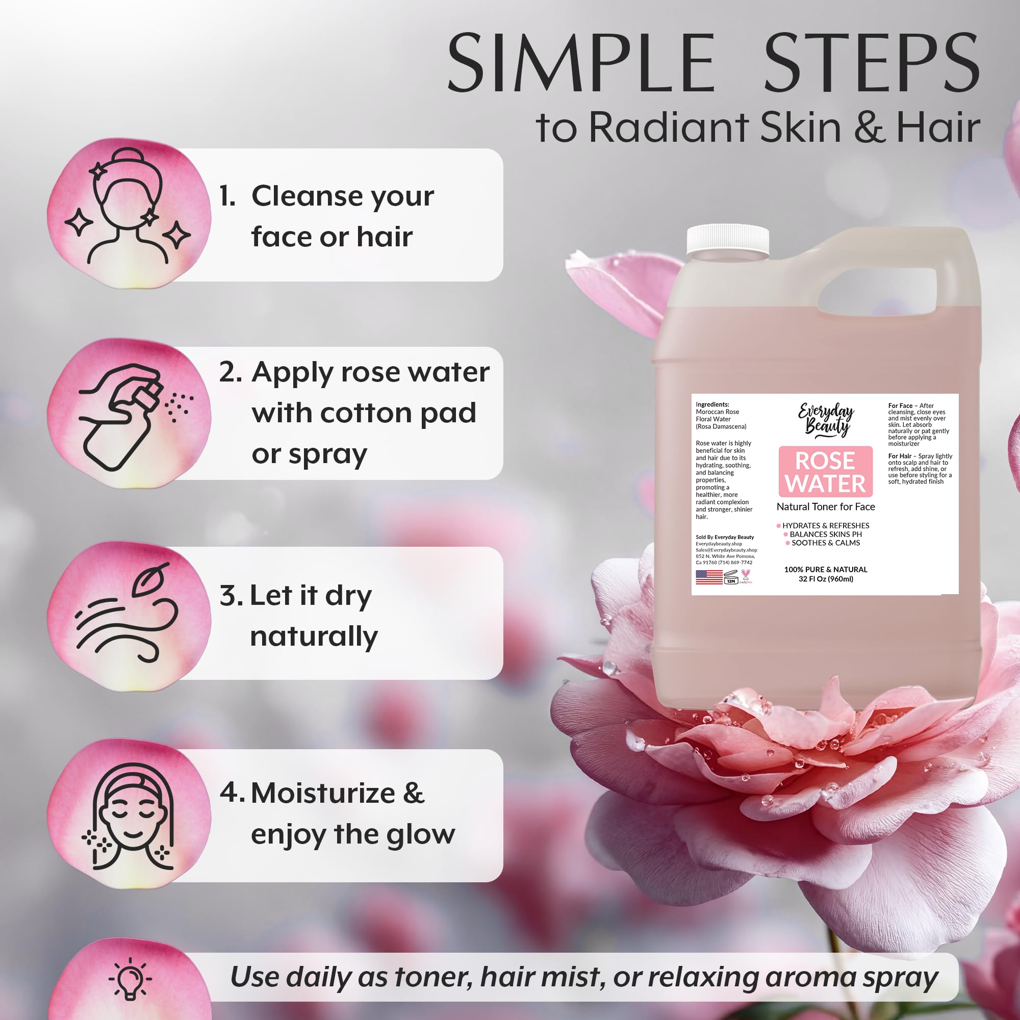Everyday Beauty Rose Water Toner ingredients reveals simple, all-natural formula.