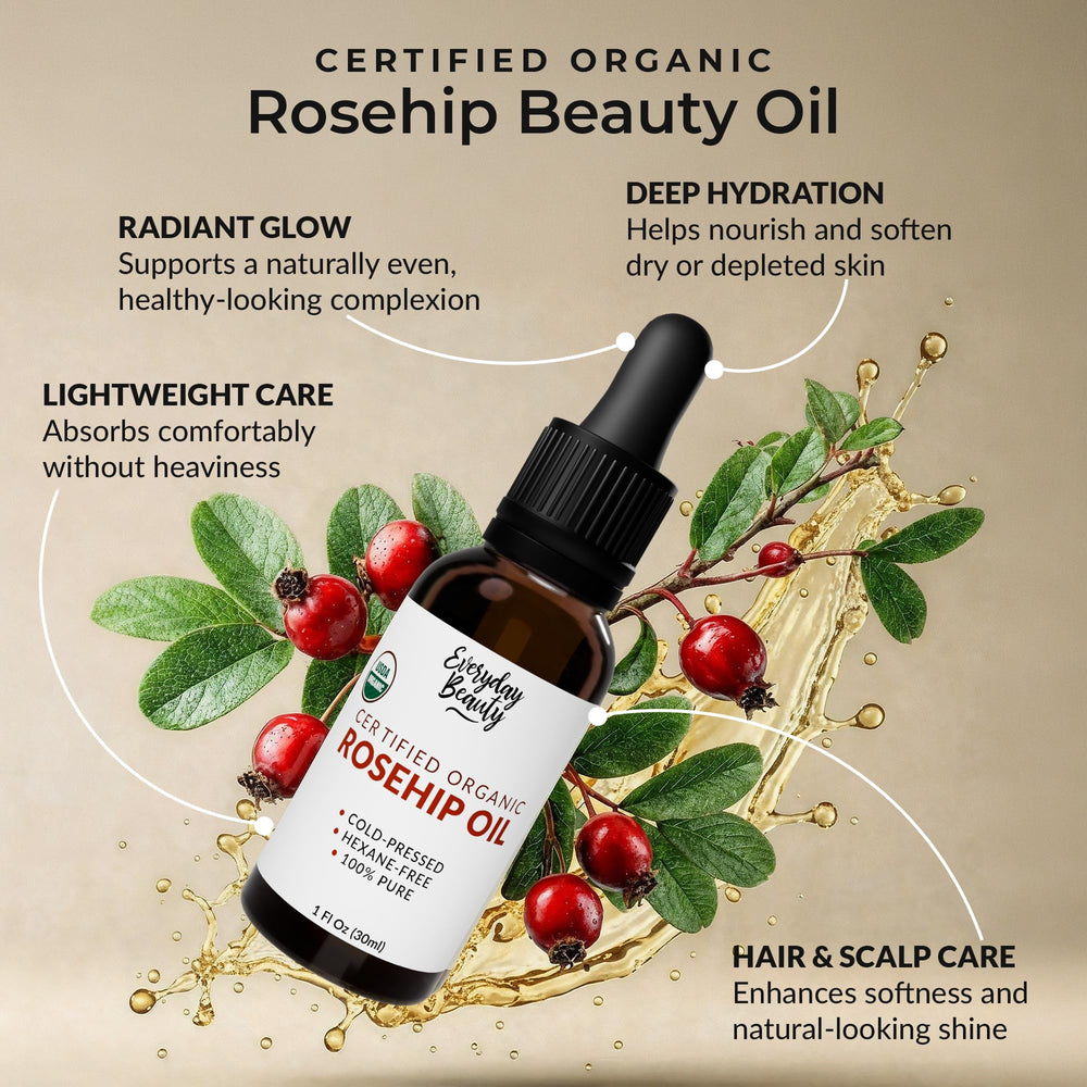 Everyday Beauty Rosehip Oil Dropper delivers lightweight hydration for daily facial care.