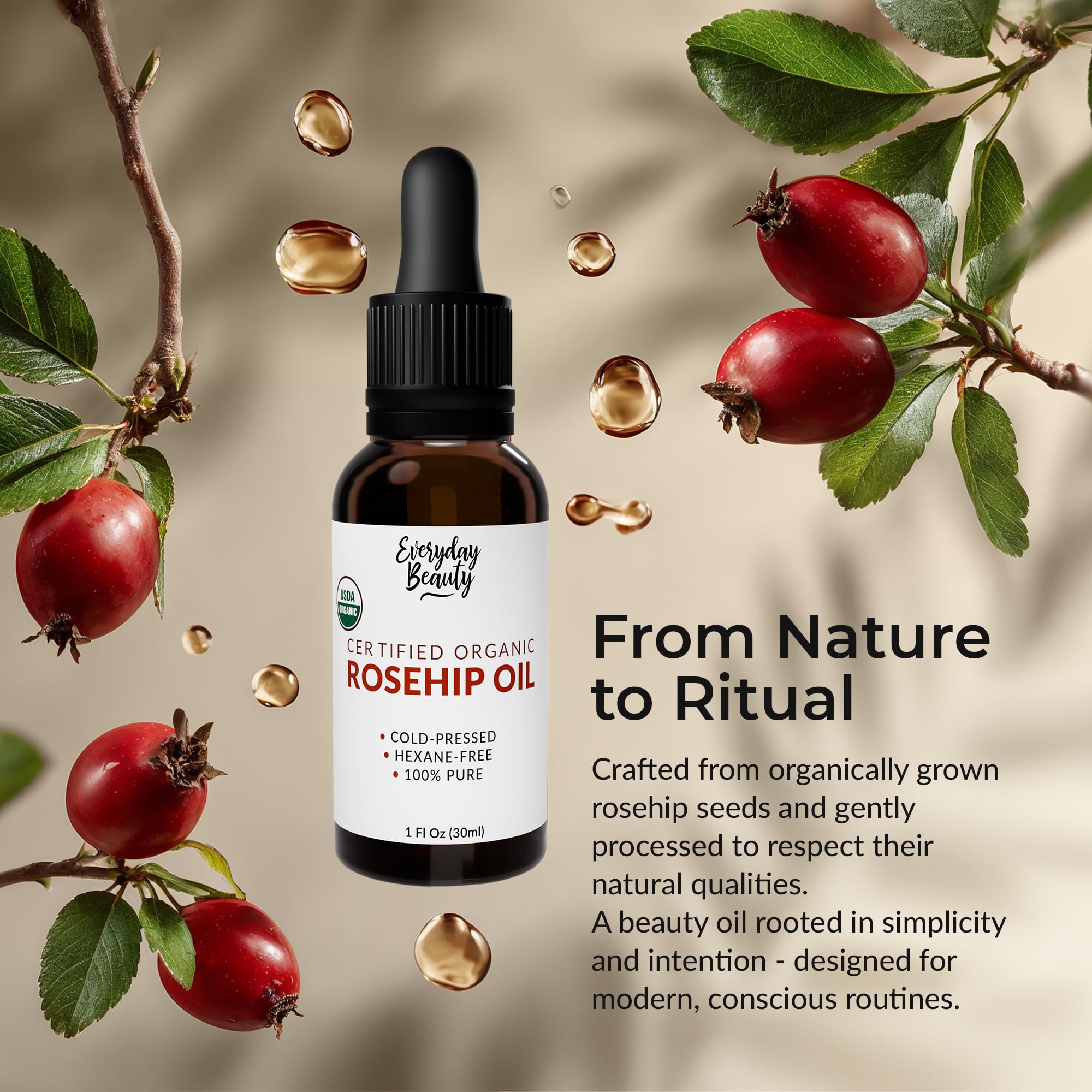 Everyday Beauty Rosehip Oil nourishes hair and scalp with lightweight hydration.