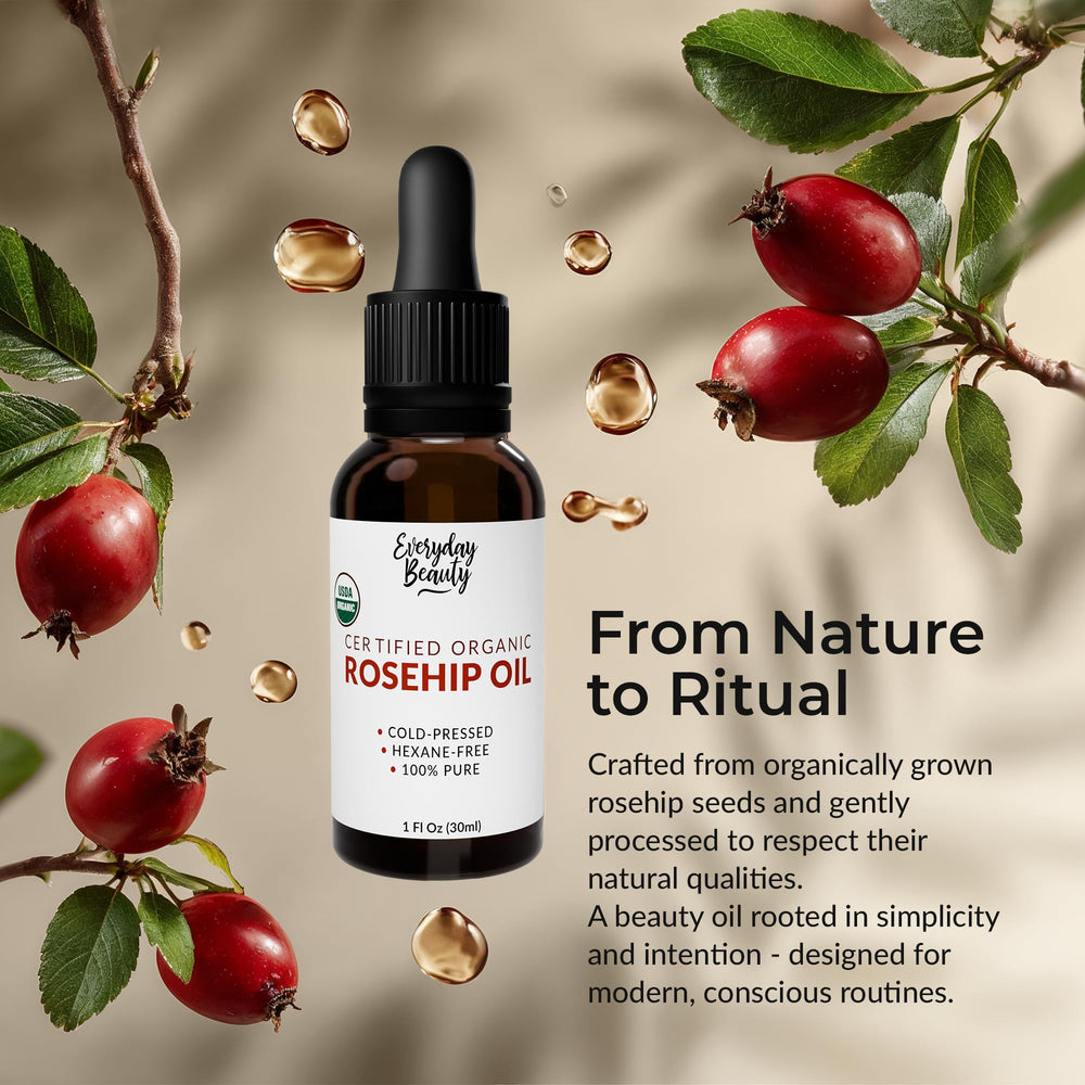 Everyday Beauty Rosehip Oil nourishes hair and scalp with lightweight hydration.