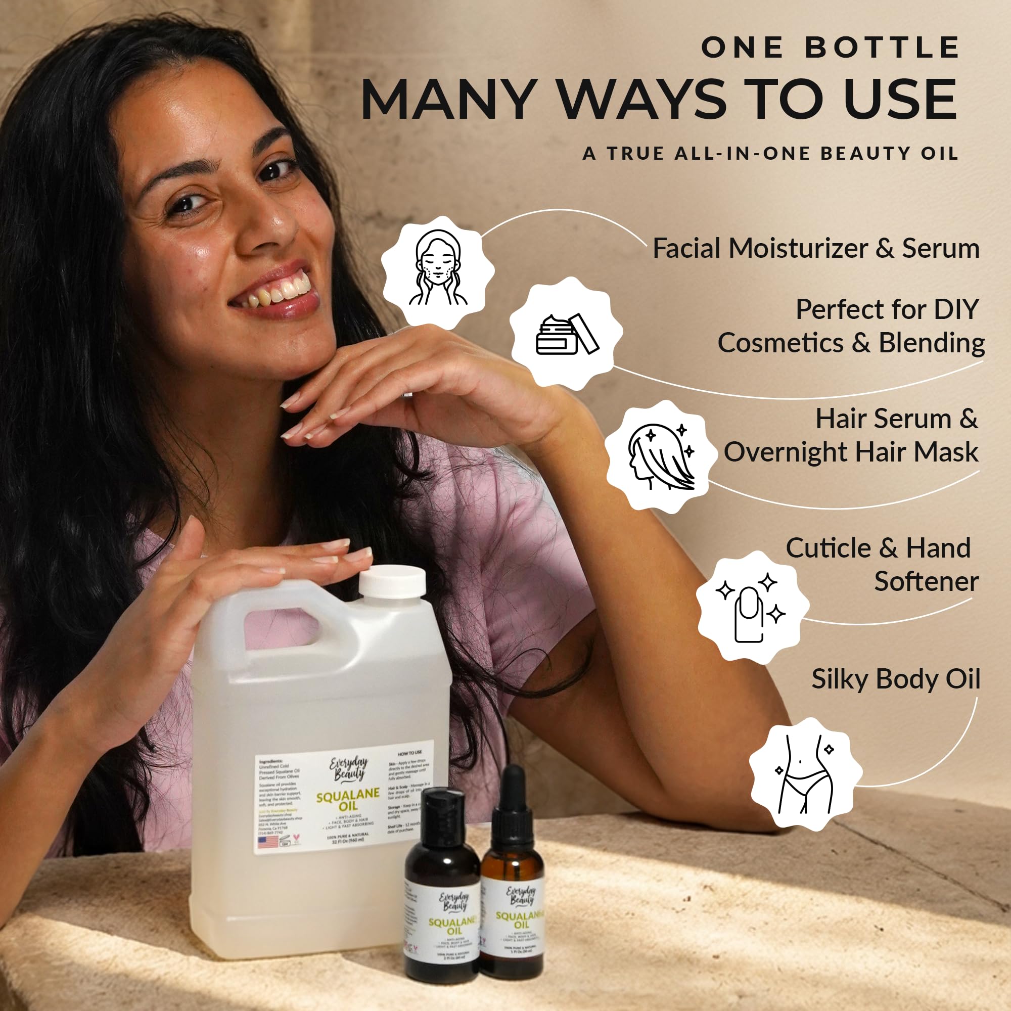 Everyday Beauty Squalane Oil as body oil for softness.