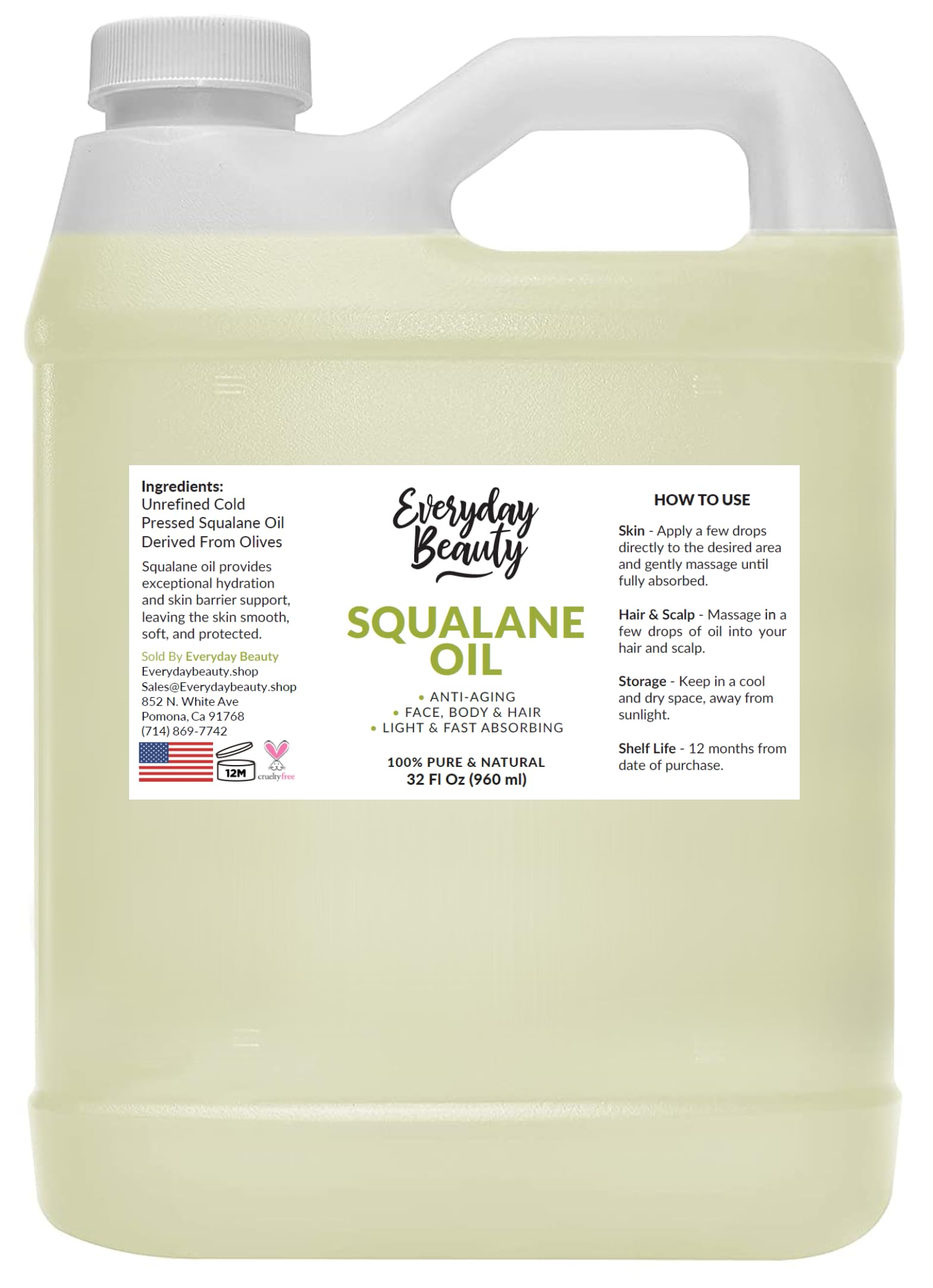 Everyday Beauty Squalane Oil bottle with pour offers lightweight hydration for all skin types.