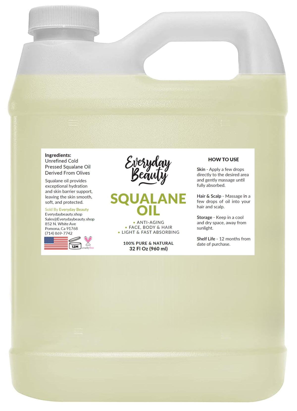 Everyday Beauty Squalane Oil bottle with pour offers lightweight hydration for all skin types.