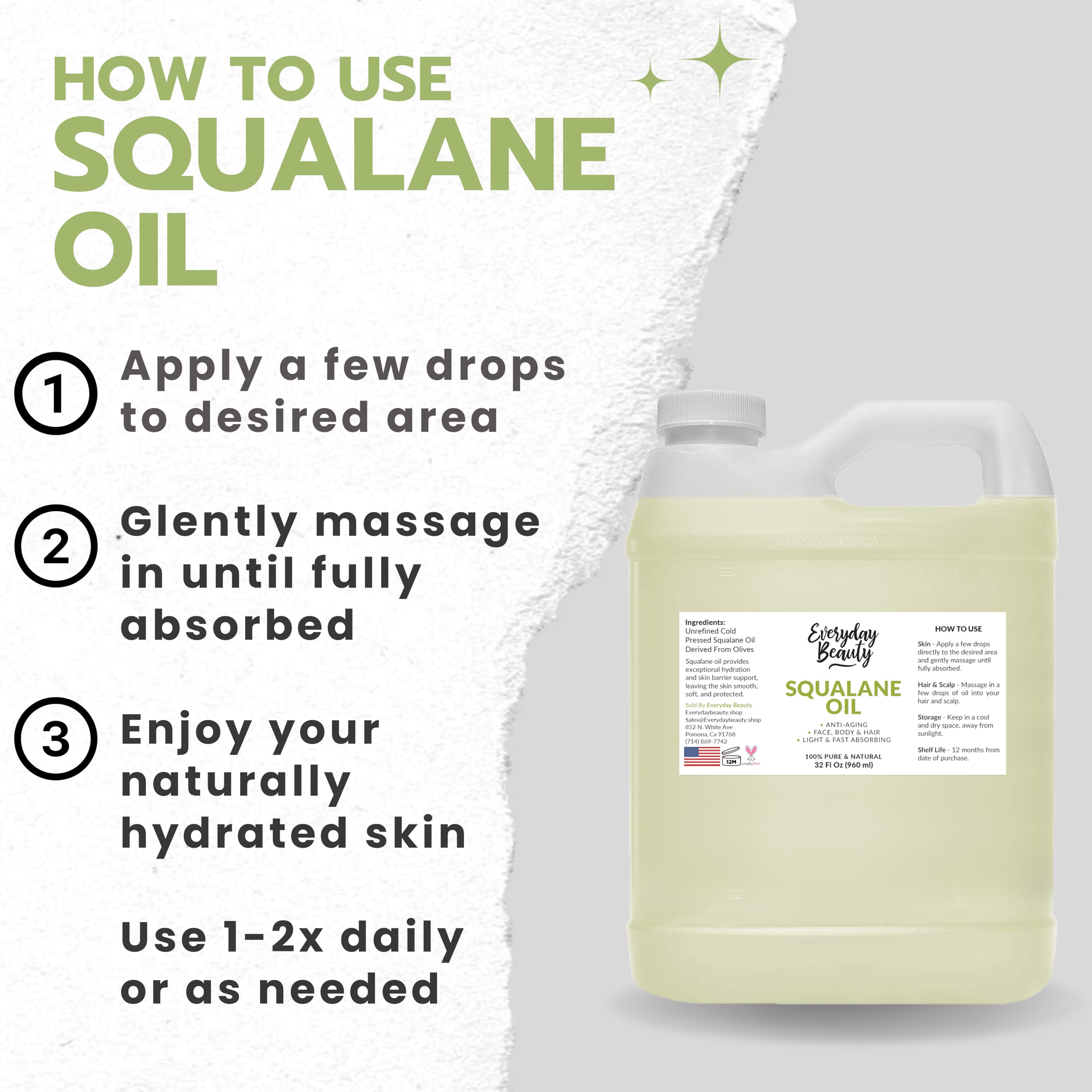 Everyday Beauty Squalane Oil creates a healthy glow and smooth texture.