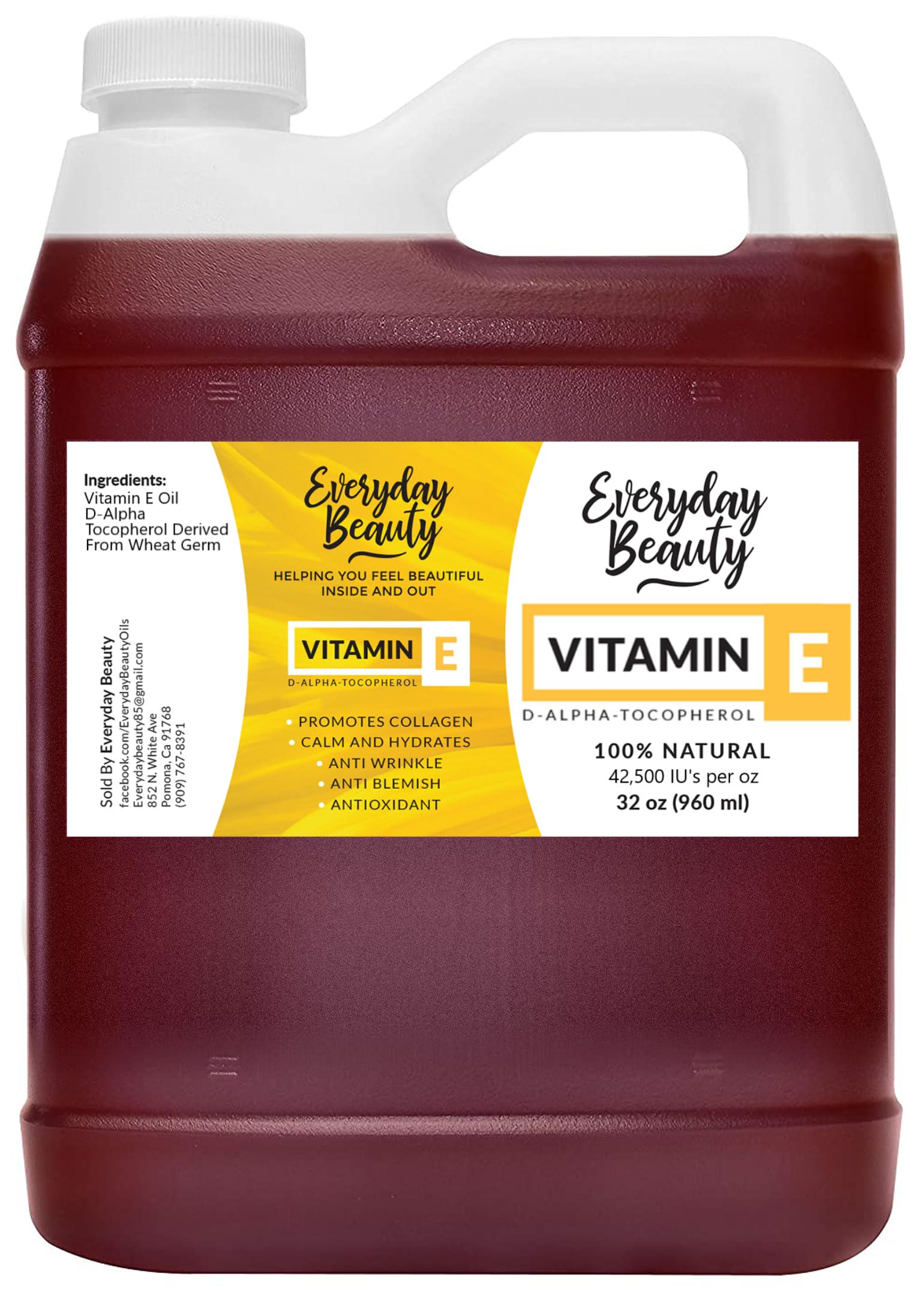 Everyday Beauty Vitamin E Oil in amber bottle for skin hydration.