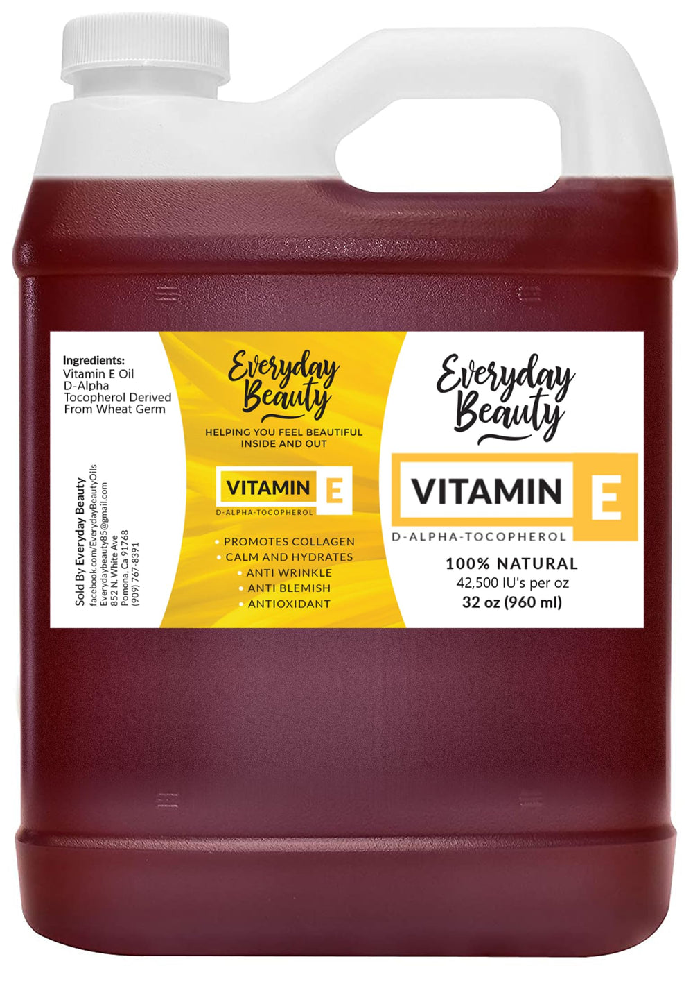 Everyday Beauty Vitamin E Oil in amber bottle for skin hydration.
