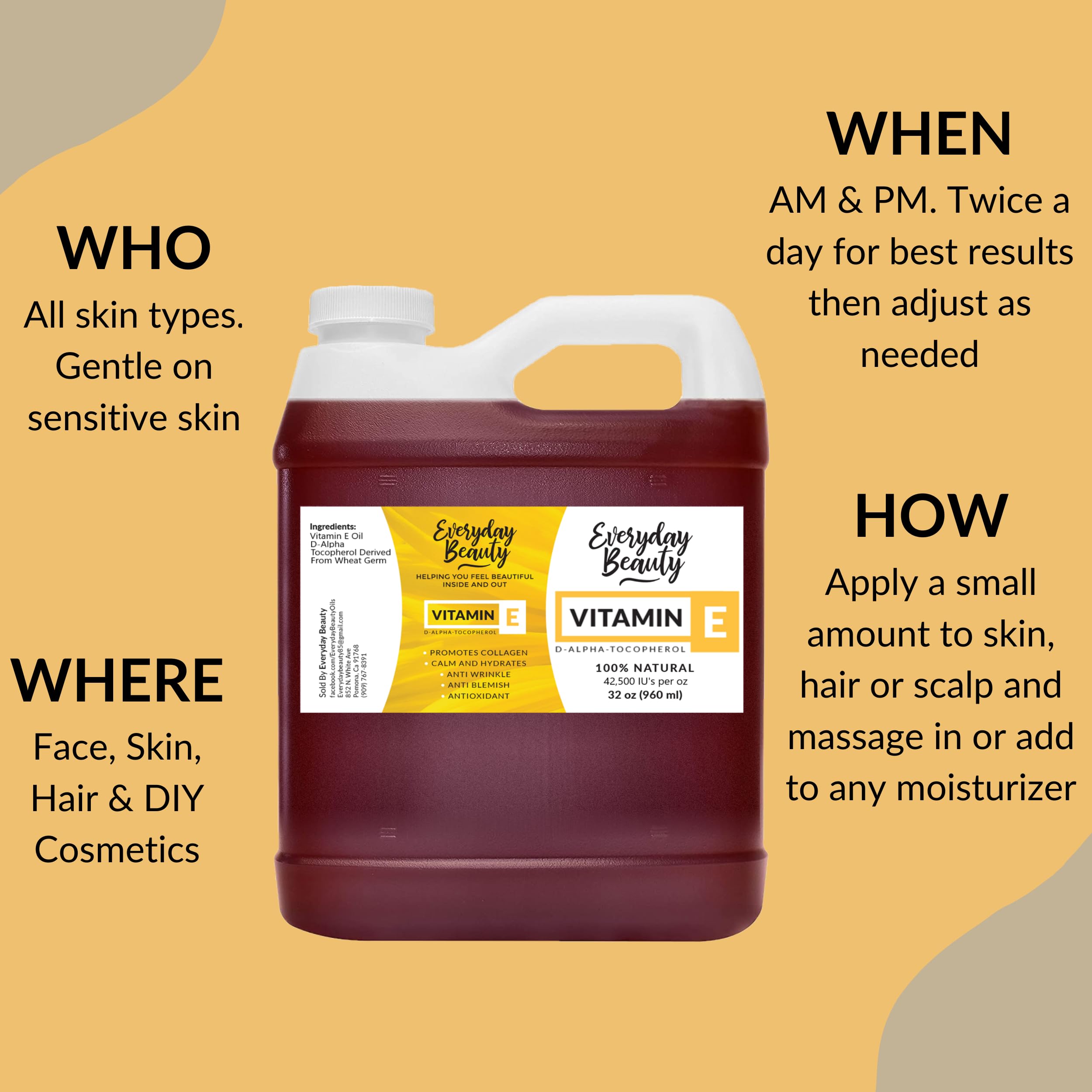 Everyday Beauty Vitamin E Oil for face, body, and hair care routines.