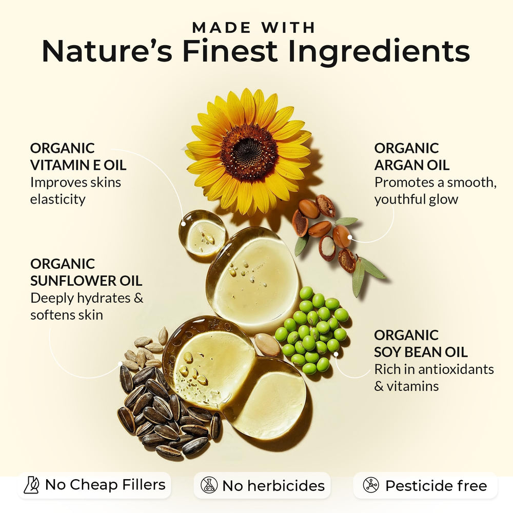 Close-up of Everyday Beauty Vitamin E Oil label showing organic ingredients.