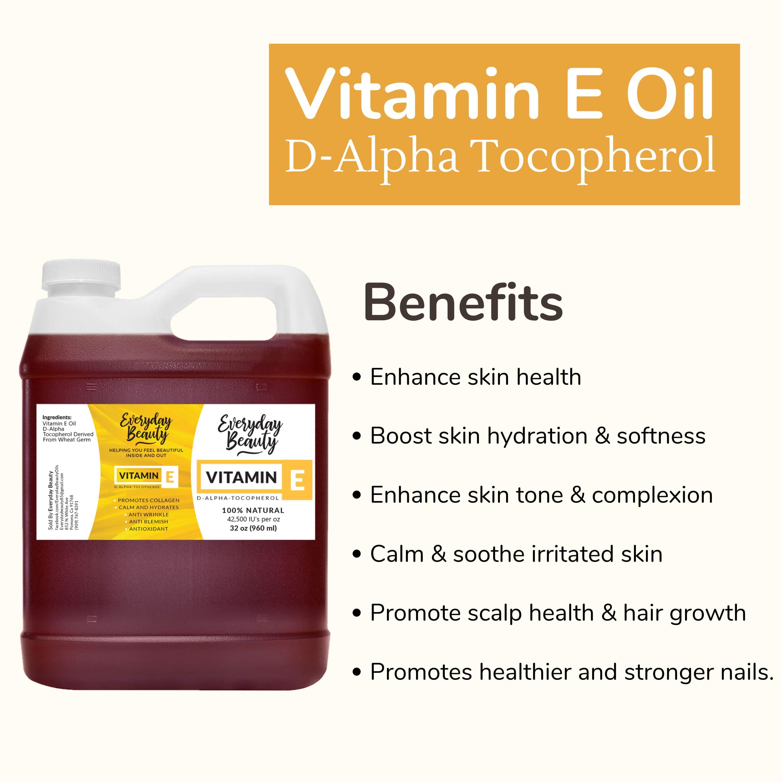 Everyday Beauty Vitamin E Oil with nutty aroma enhances skincare routines.