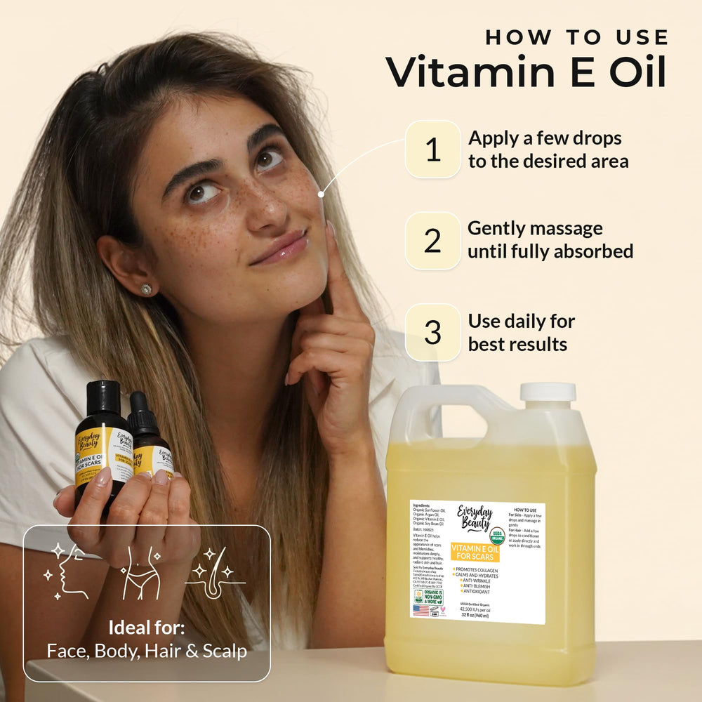 Vitamin E Oil applied on skin from Everyday Beauty for hydration and smoothness.