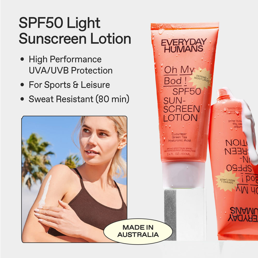 Close-up of Oh My Bod SPF50 face application demonstrating lightweight absorption