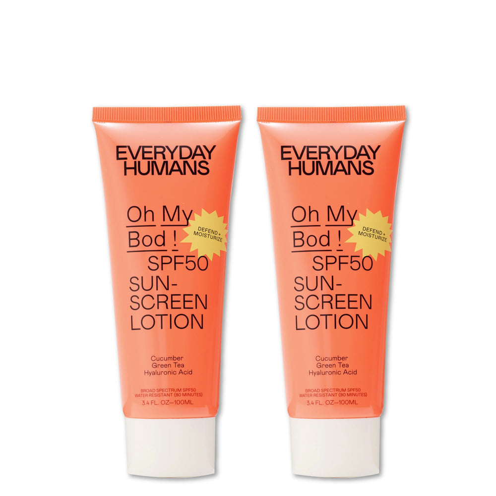 Everyday Humans Oh My Bod SPF50 lotion bottle showing broad-spectrum protection for everyday skin