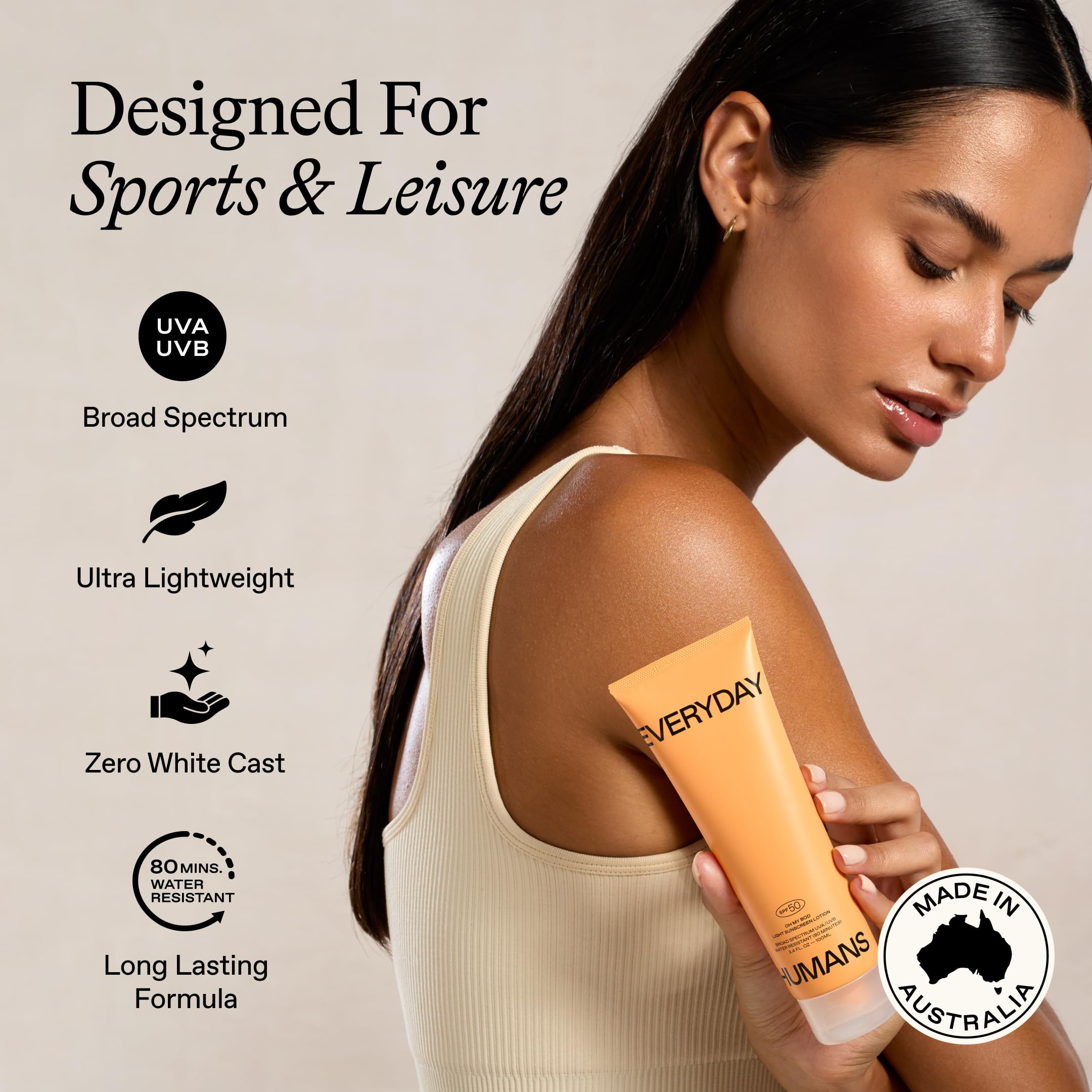 EVERYDAY HUMANS Oh My Bod SPF50 pump applying lotion to skin for easy use