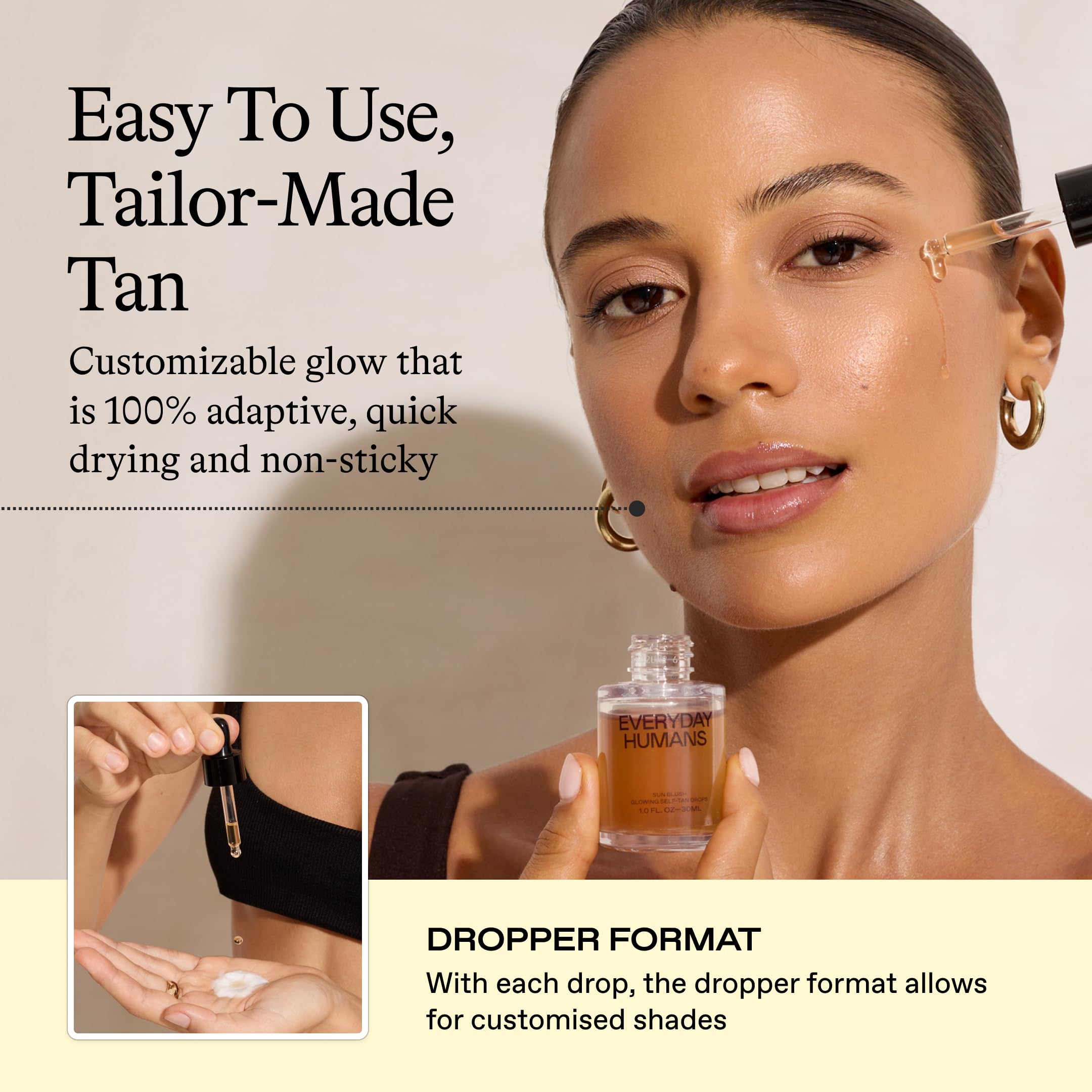 Everyday Humans Sun Blush drops pack showing peptides and HA benefits