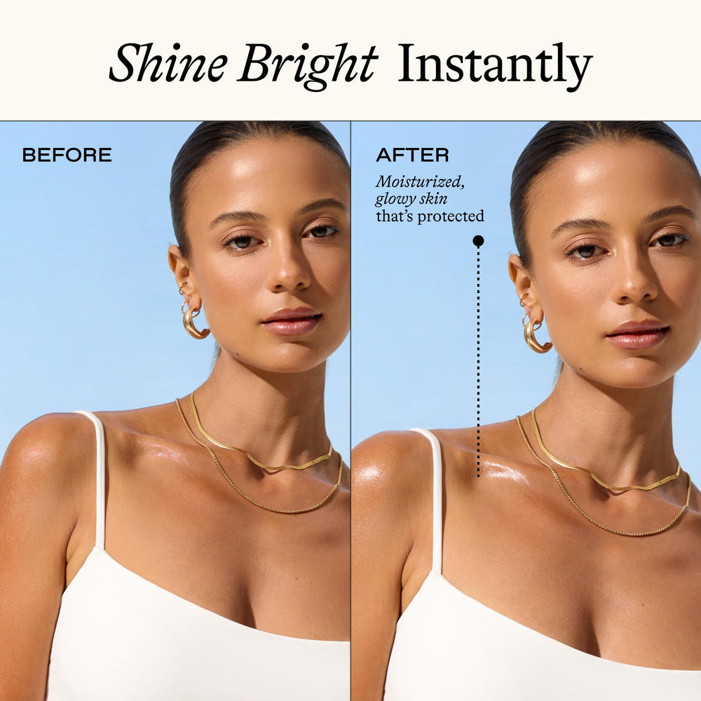 Everyday Humans Sun Glazed glow oil on skin with silky radiance.