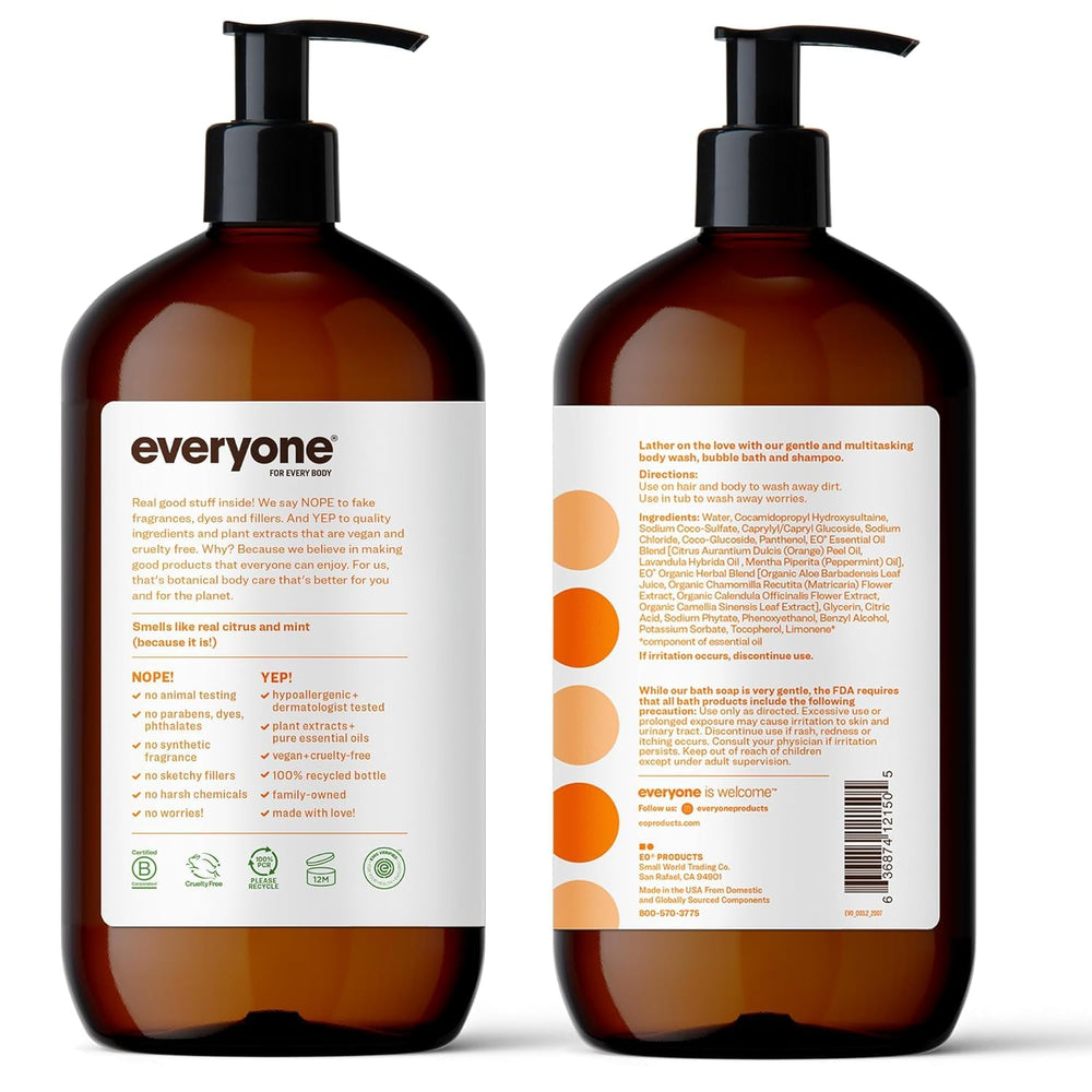 Everyone 3-in-1 Citrus and Mint label clearly identifies multitask soap with natural essential oils.