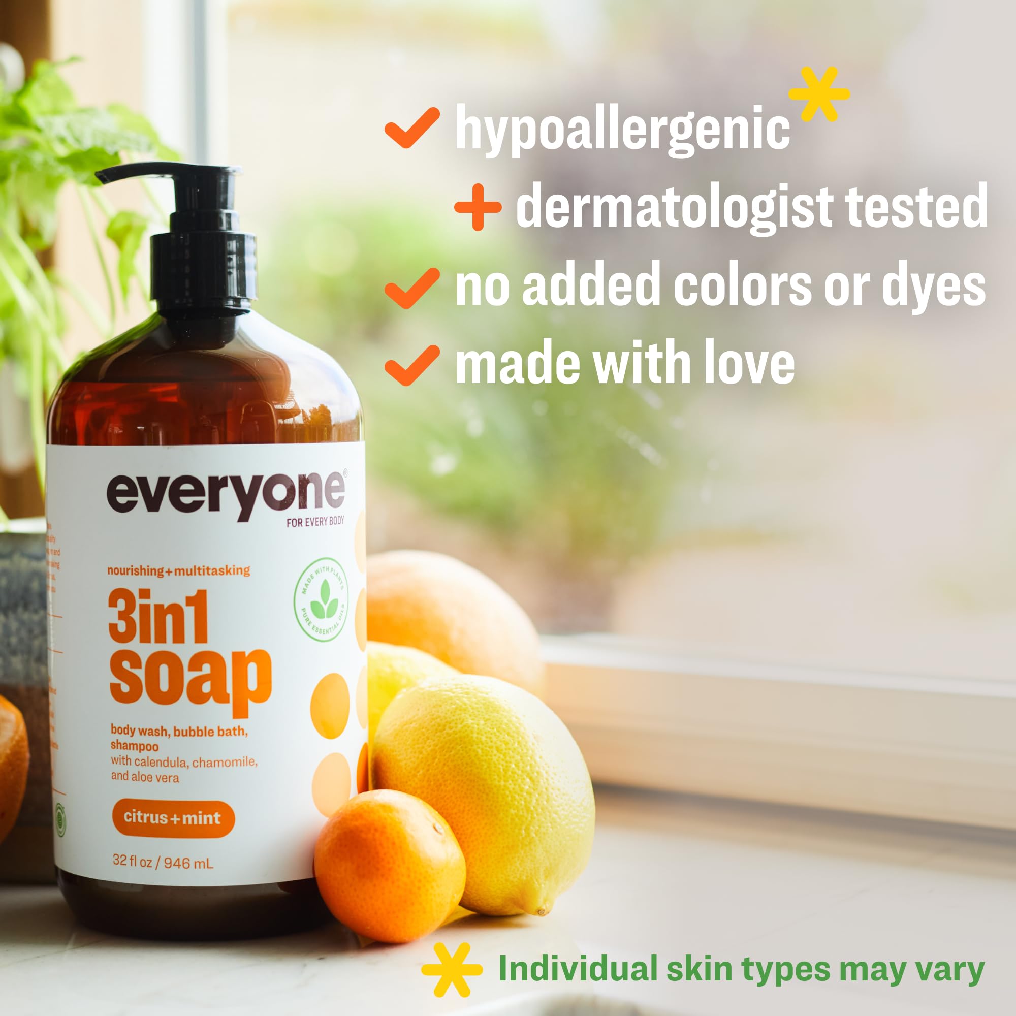 Everyone 3-in-1 Citrus and Mint lather shown for hair and body cleansing.