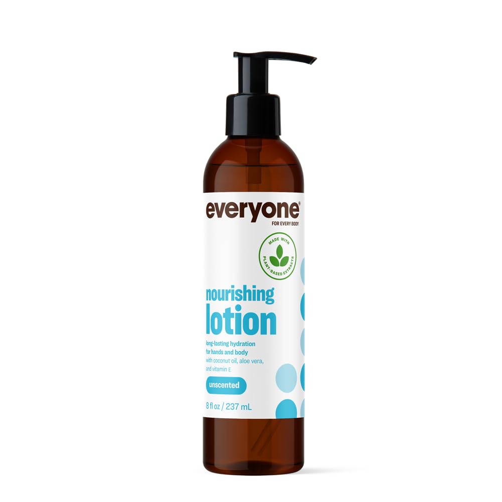 Everyone Nourishing Unscented Lotion bottle close-up for fragrance-free hydration.