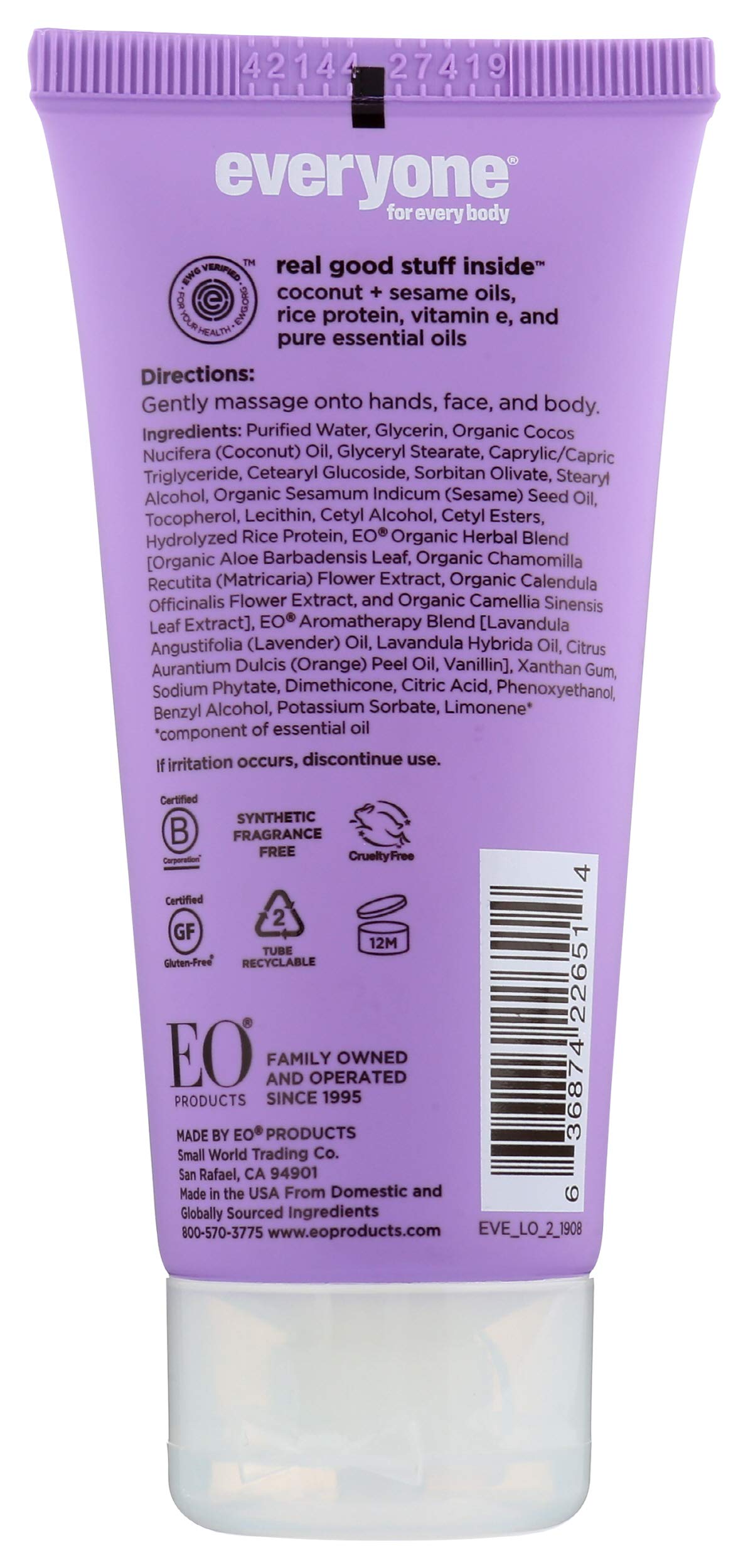Hands applying Everyone vanilla lavender 2 in 1 lotion for smooth skin