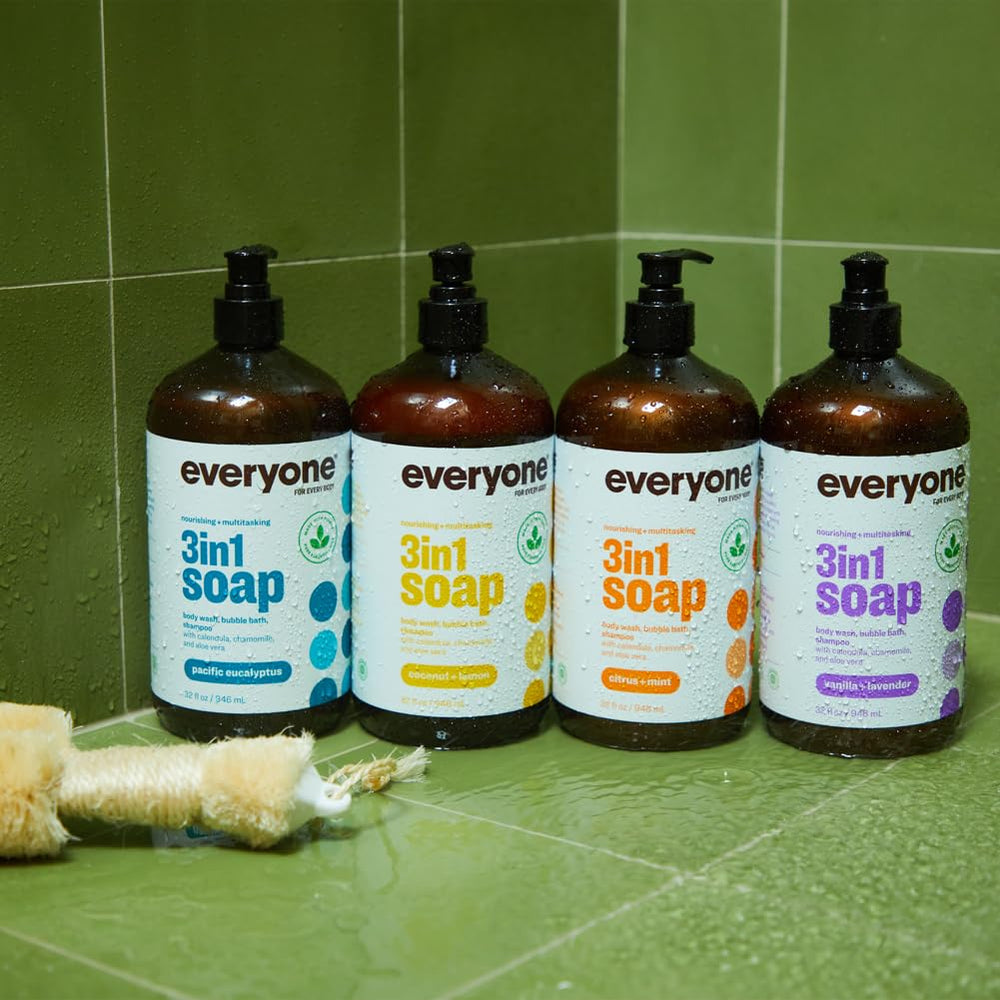 Everyone Vanilla and Lavender 3 In 1 Soap packaging design emphasizes sustainability.
