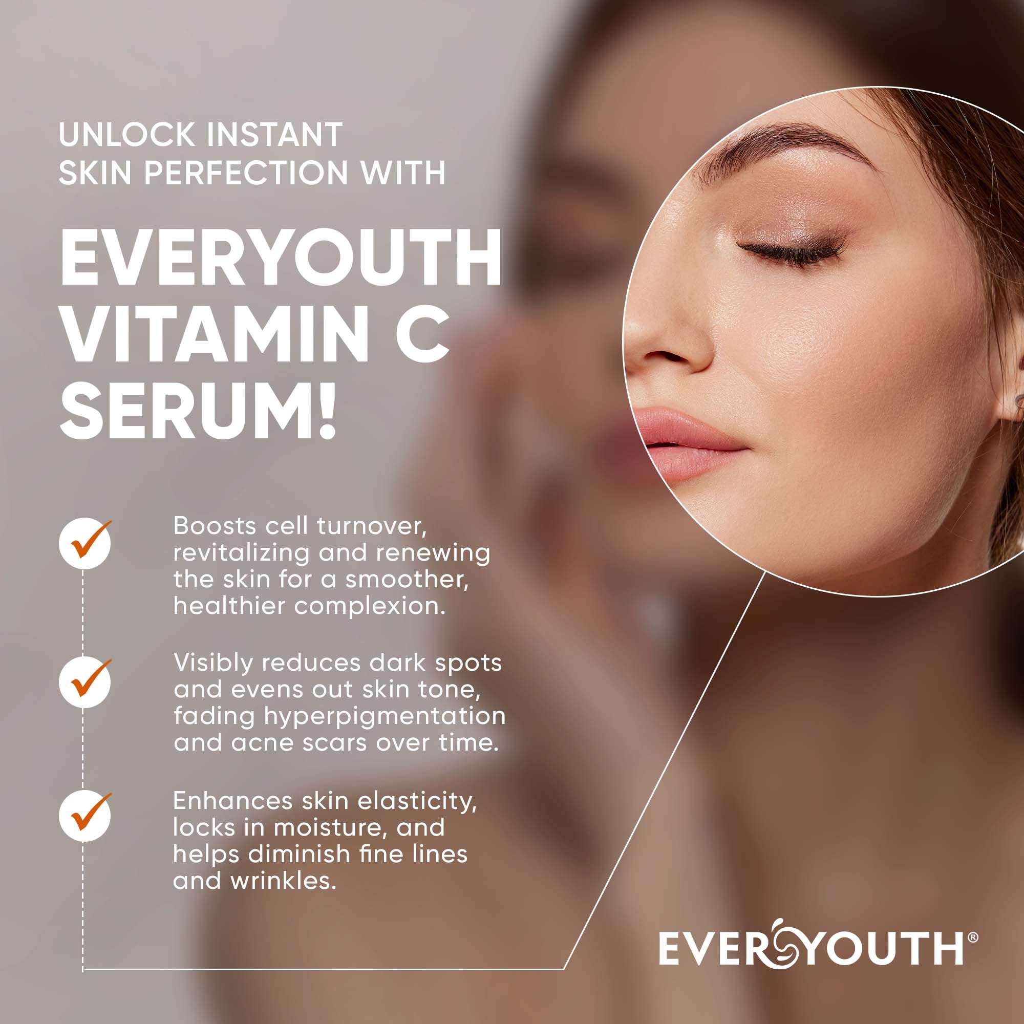 EVERYOUTH serum bottle close-up highlights lightweight formula and radiant skin benefits.