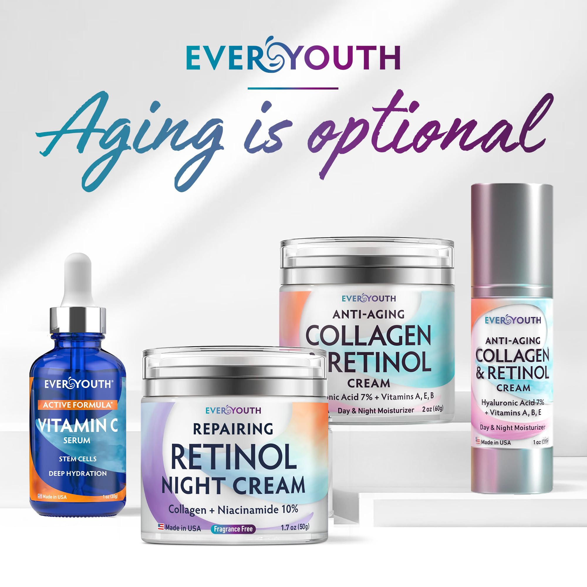 EVERYOUTH travel-friendly packaging ready for on-the-go skincare routines.