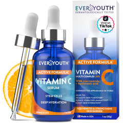 EVERYOUTH vitamin c serum bottle with dropper for brightening and hydration.