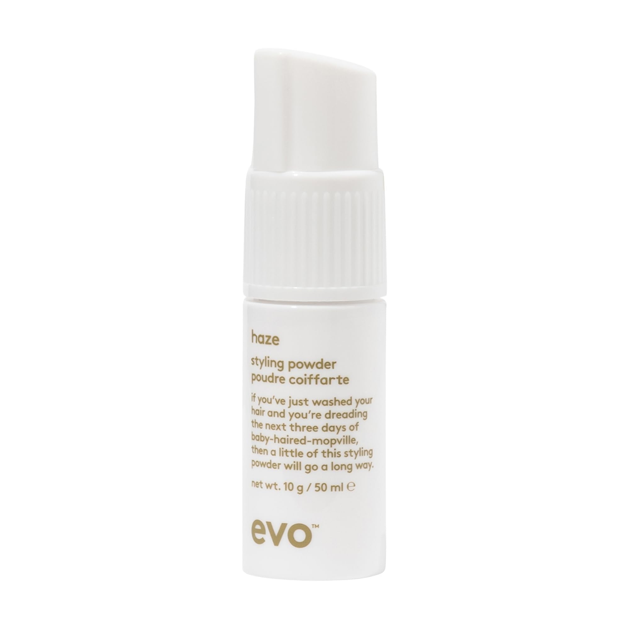 EVO Haze powder bottle showing ultra-lightweight formula for matte texture