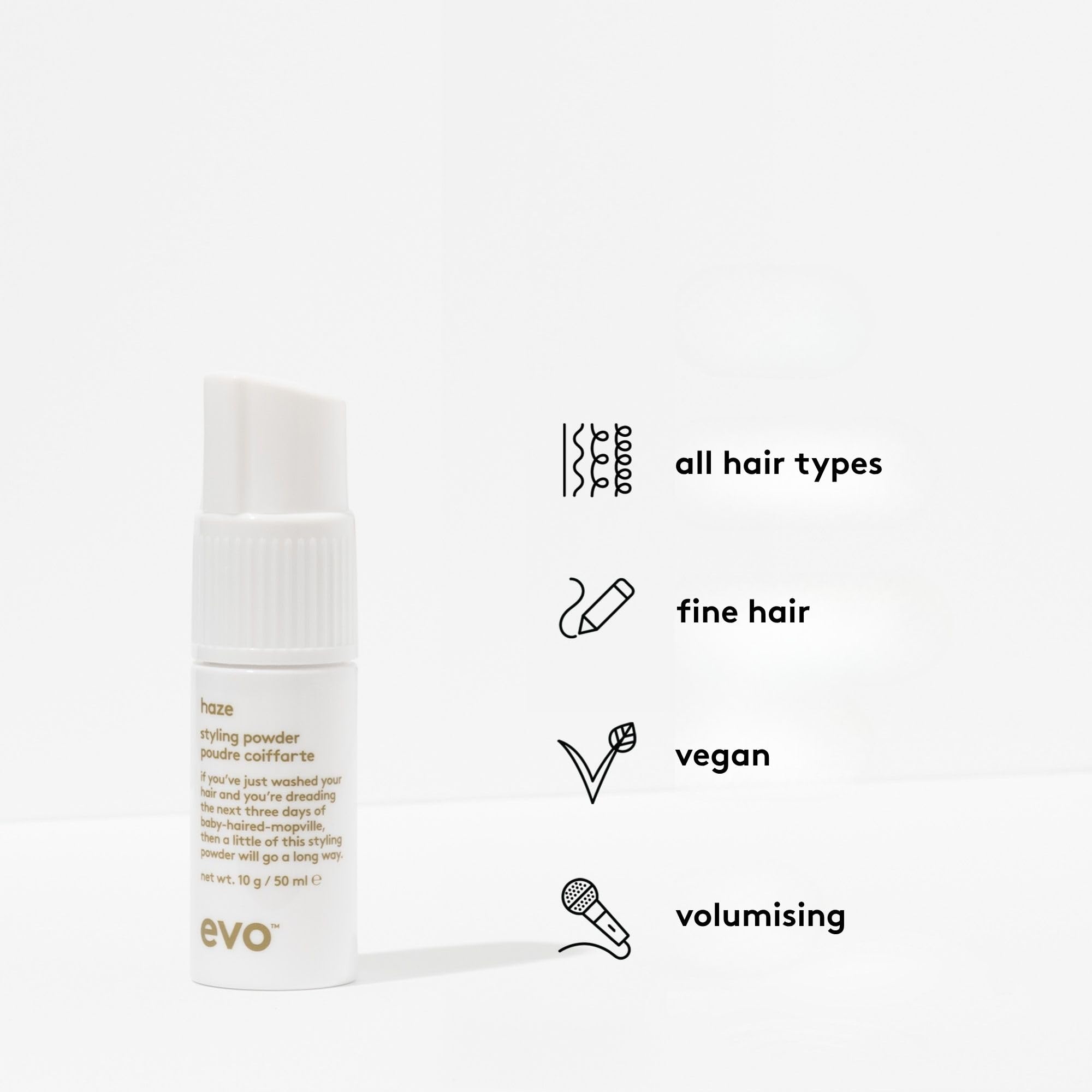 EVO Haze powder in hand for easy targeted application and texture