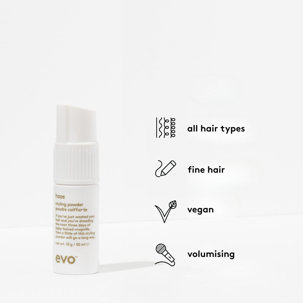 EVO Haze powder in hand for easy targeted application and texture