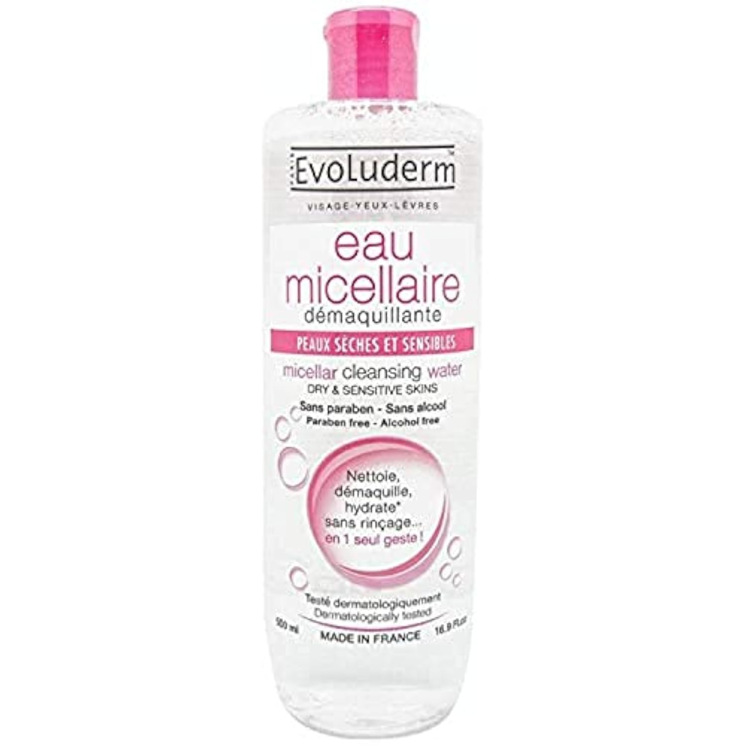 Evoluderm micellar water bottle with pump for gentle daily cleansing and makeup removal.