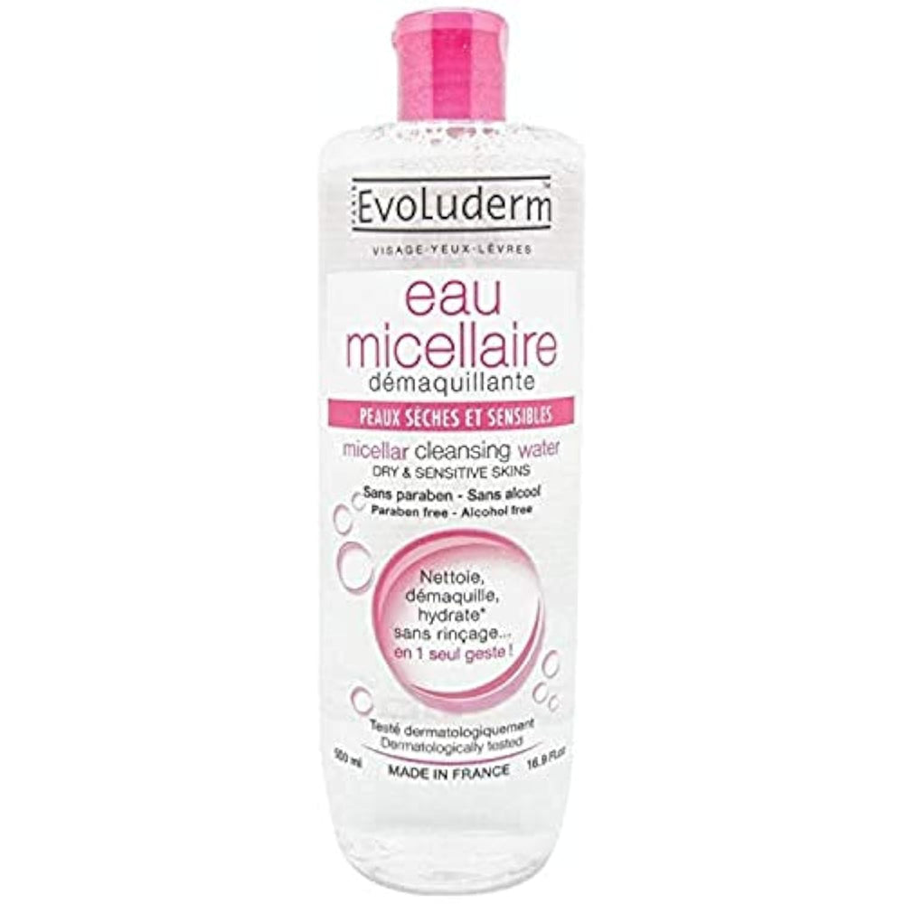Evoluderm micellar water bottle with pump for gentle daily cleansing and makeup removal.