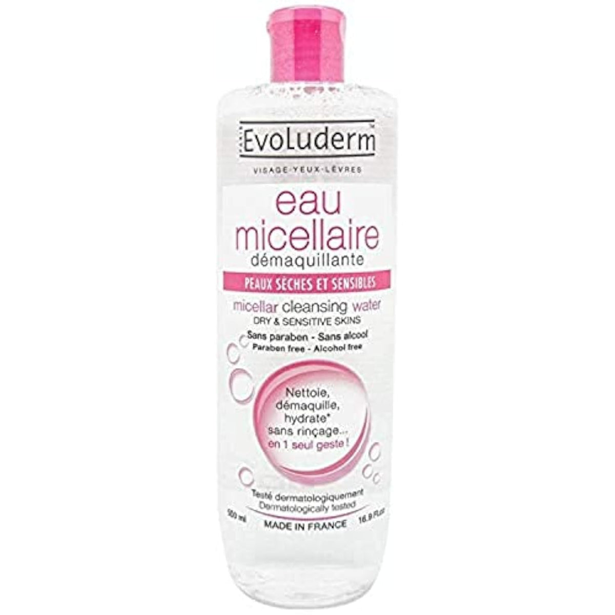 Evoluderm micellar water bottle with pump for gentle daily cleansing and makeup removal.