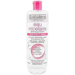 Evoluderm micellar water bottle with pump for gentle daily cleansing and makeup removal.