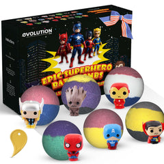 EvolutionUSA black epic bath bombs packaging highlights kid-safe ingredients.