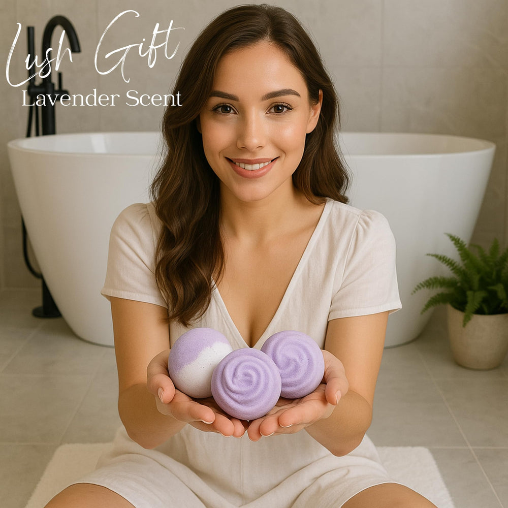 Top view of EvolutionUSA Lavender Dreams bath bombs with shimmer.
