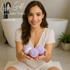 Top view of EvolutionUSA Lavender Dreams bath bombs with shimmer.