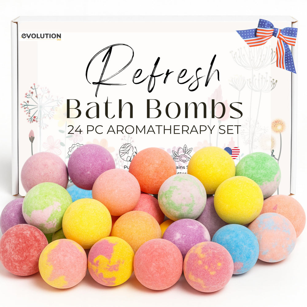 EvolutionUSA Refresh bath bombs 24-mini-pack in a gift box for relaxing baths.