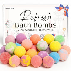 EvolutionUSA Refresh bath bombs 24-mini-pack in a gift box for relaxing baths.