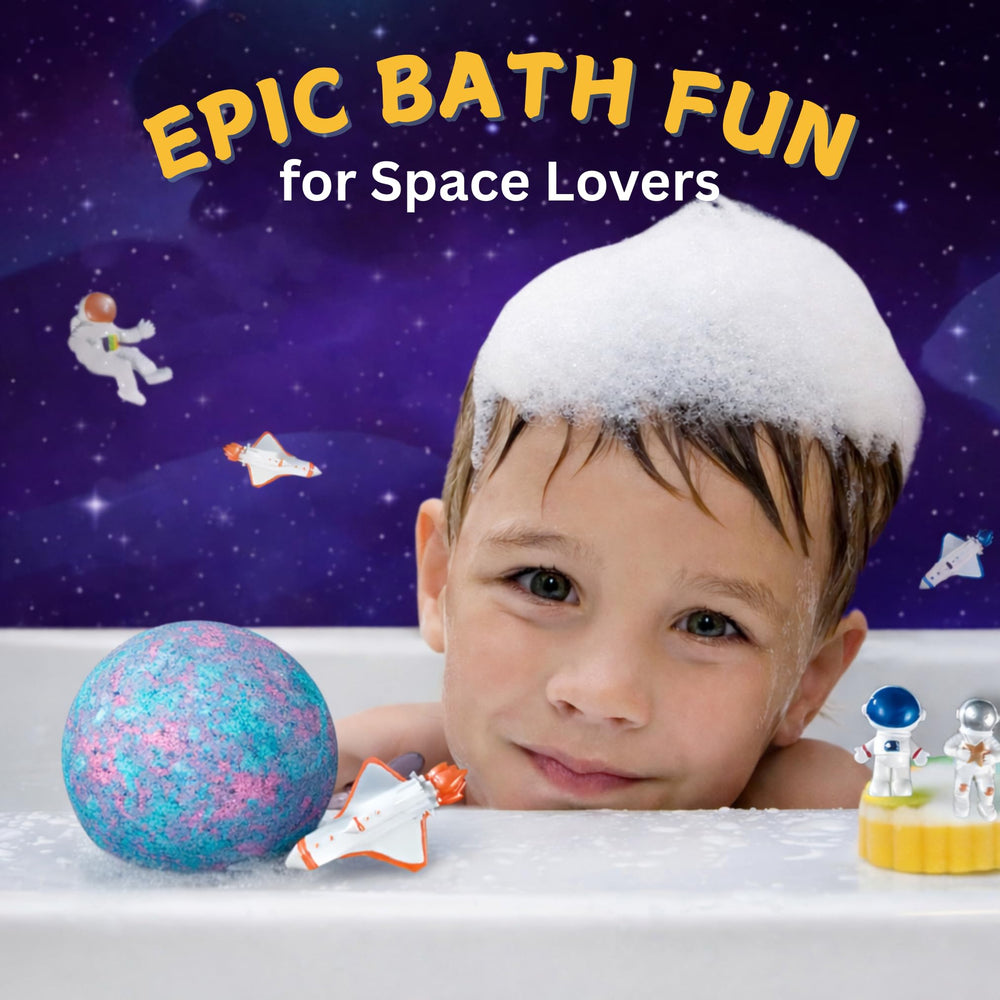 EvolutionUSA Space Bath Bombs planet blue reveals astronaut toy during bath