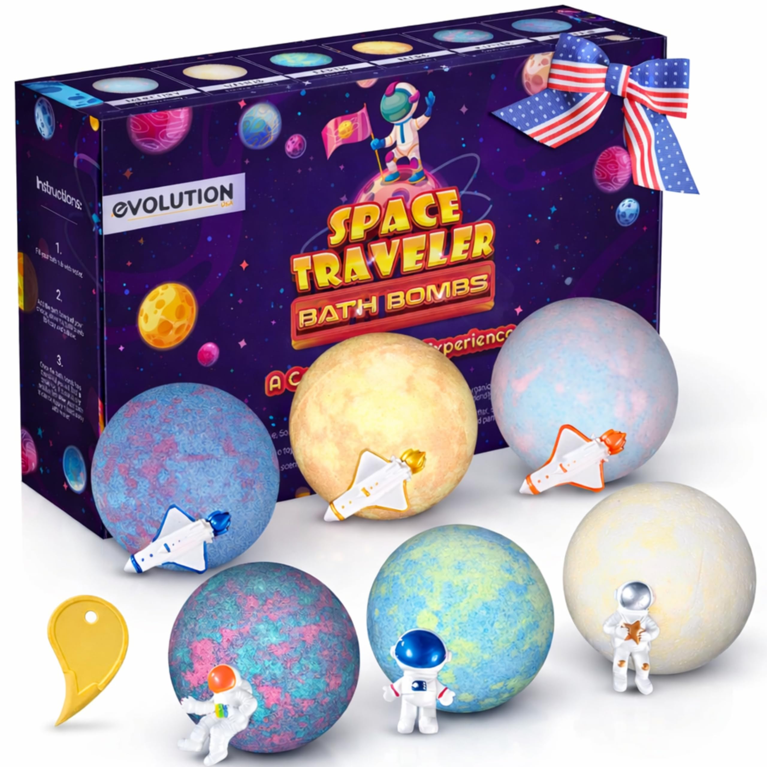 EvolutionUSA Space Bath Bombs planet yellow with hidden toy, inviting imaginative play