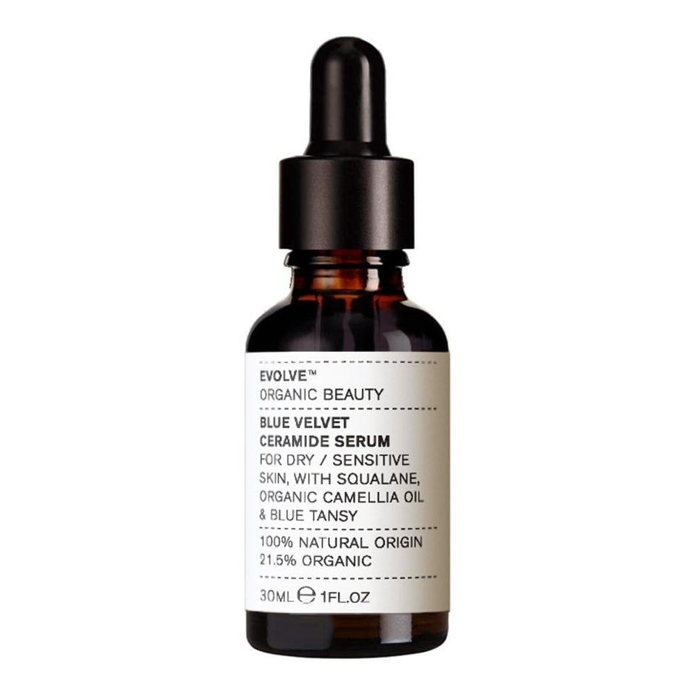 Evolve Blue Velvet Ceramide Serum bottle, hydrating and soothing for sensitive skin.