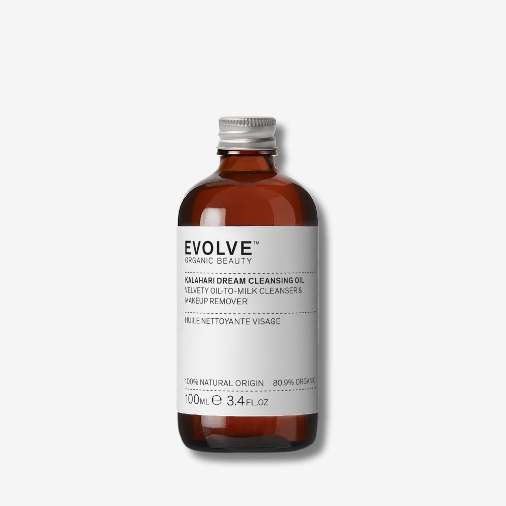Small-batch packaging of Evolve Kalahari Dream Cleansing Oil emphasizes vegan beauty